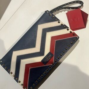 Valentino Navy, White & Red Studded Chevron Wristlet Clutch